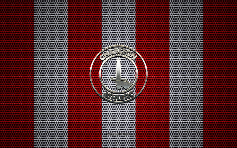 FC Charlton Athletic logo, English football club, metal emblem, red and white metal mesh background, FC Charlton Athletic, EFL Championship, London, England, football, HD wallpaper