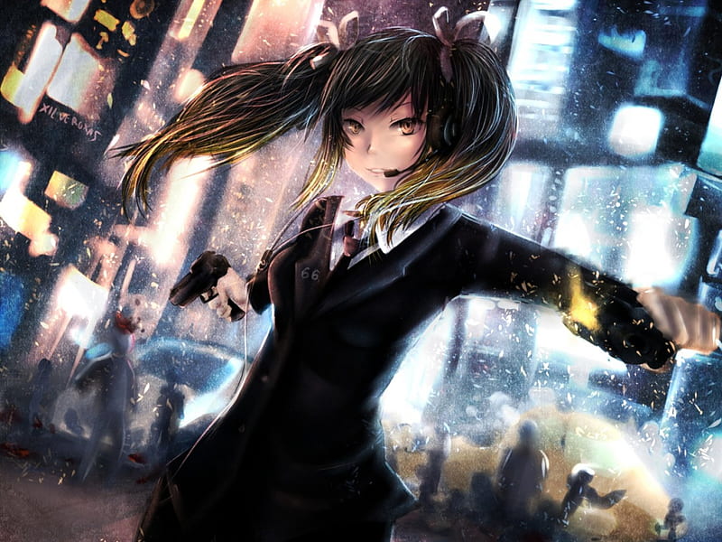 Okay! I am almost done, pretty, headphones, game, bonito, ribbons, sweet, nice, city, gun, anime, beauty, anime girl, weapon, long hair, black hair, night, female, city lights, twintail, blond ahir, smile, yellow eyes, blood, cool, uniform, awesome, HD wallpaper