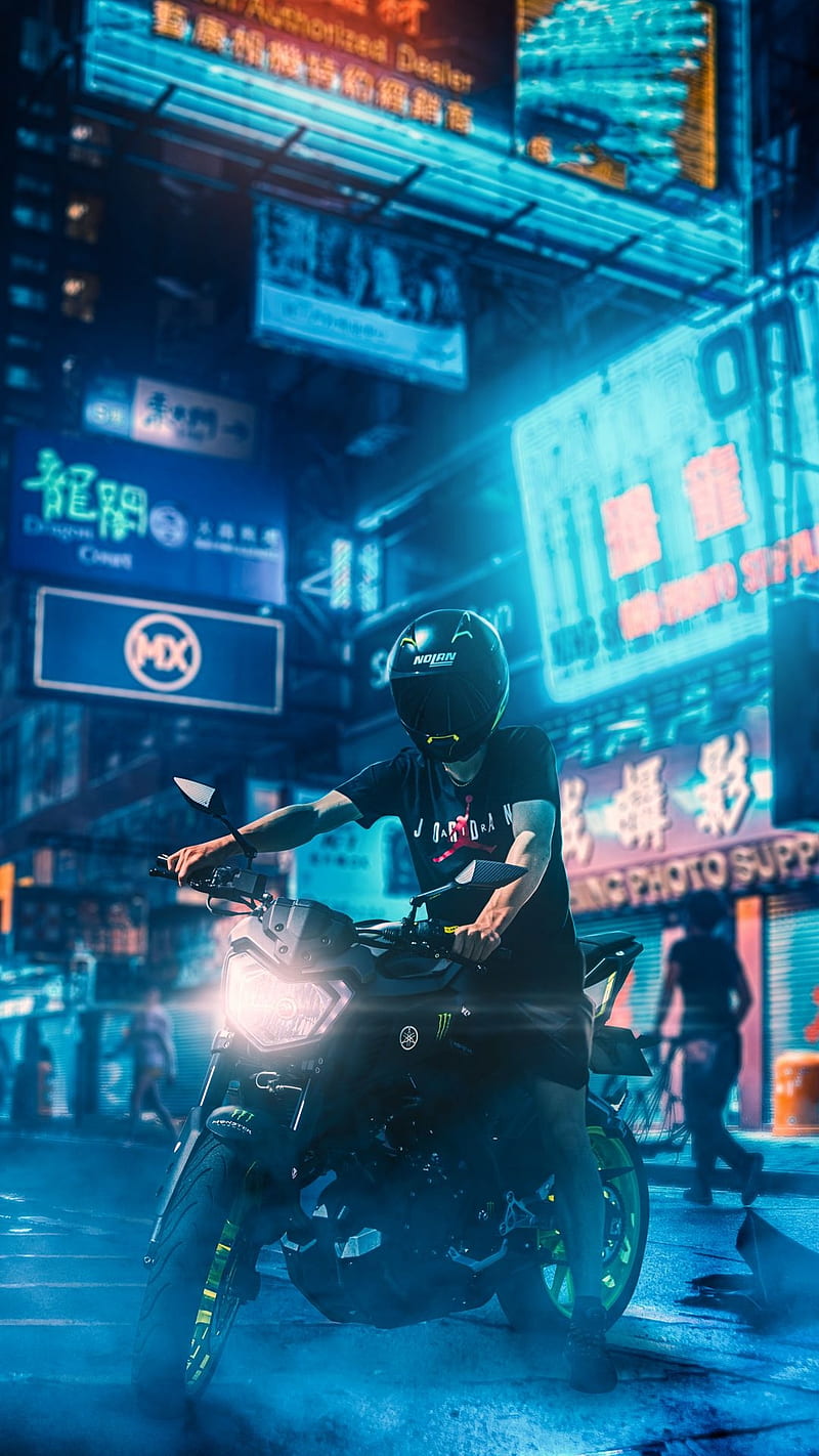 Biker in the city, bike, blue, lights, male, motorcycle, night, HD phone wallpaper