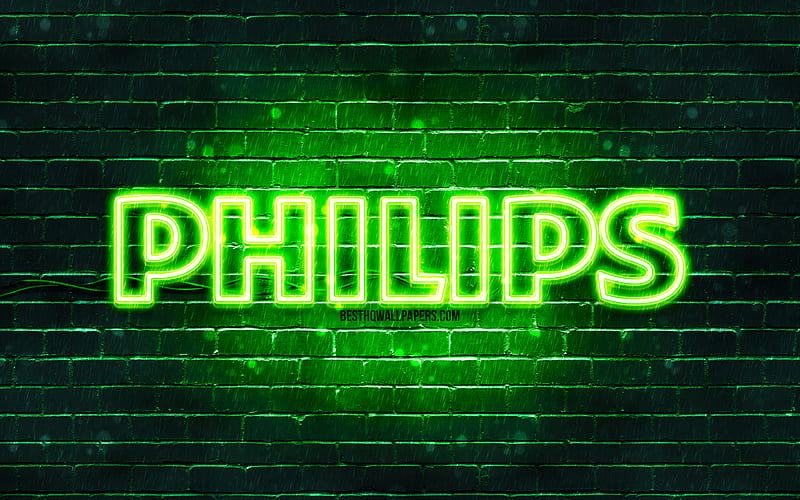 Philips green logo green brickwall, Philips logo, brands, Philips neon logo, Philips, HD wallpaper