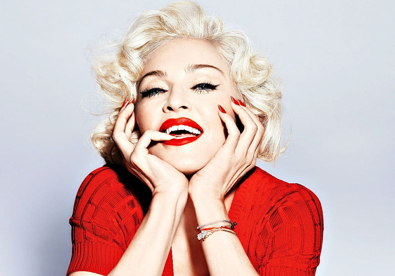 Madonna, red, girl, actress, blonde, smile, woman, singer, HD wallpaper