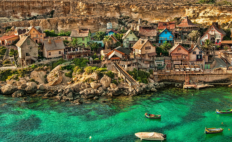 Popeye Village, summer travel, sea, coast, Sweethaven Village, Malta, bay, Europe, R, Popeye Village Malta, HD wallpaper
