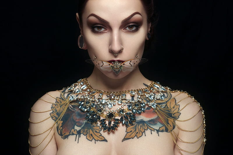 Beauty, mouth, model, necklace, tattoo, black, woman, lips, bug, moth, marc lamey, e, girl, insect, jewel, face, HD wallpaper