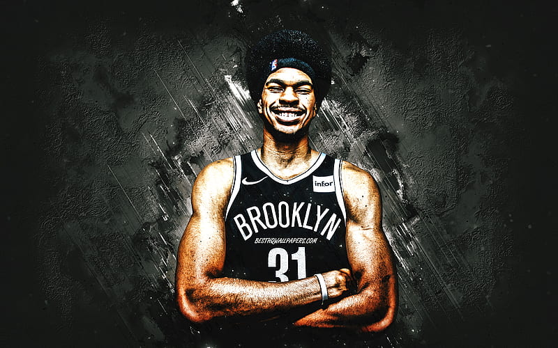 Jarrett Allen, Brooklyn Nets, NBA, american basketball player, portrait, gray stone background, basketball, HD wallpaper