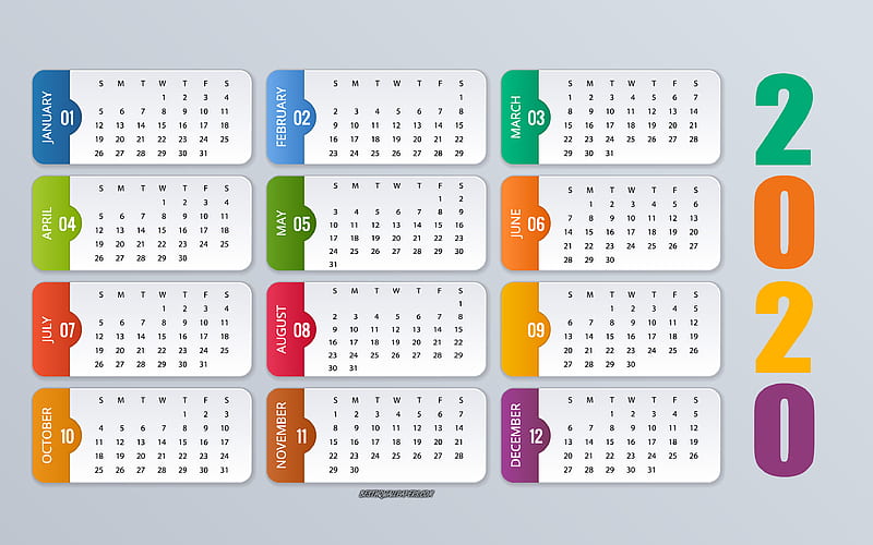2020 abstract calendar, all months, paper elements, 2020 calendar, gray background, calendar 2020 all months, creative background, HD wallpaper