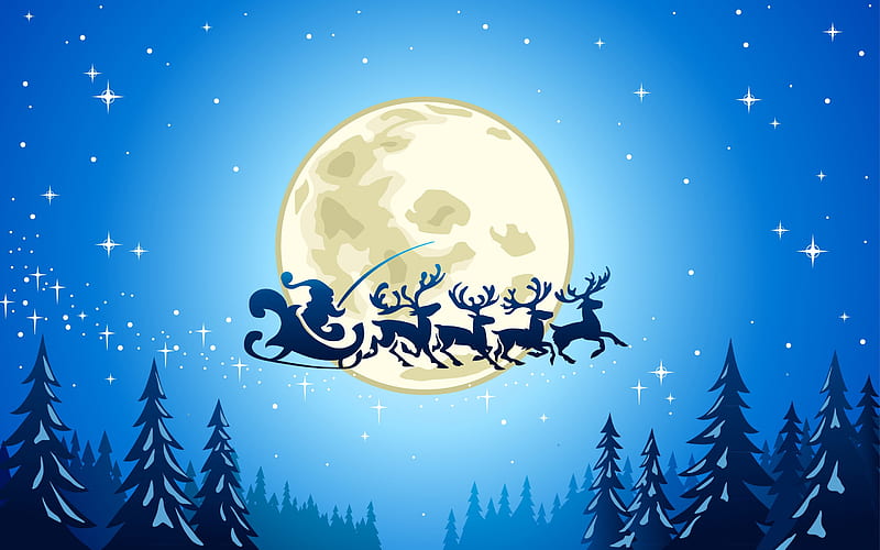 Holiday, Christmas, Moon, Reindeer, Santa, Sleigh, HD wallpaper