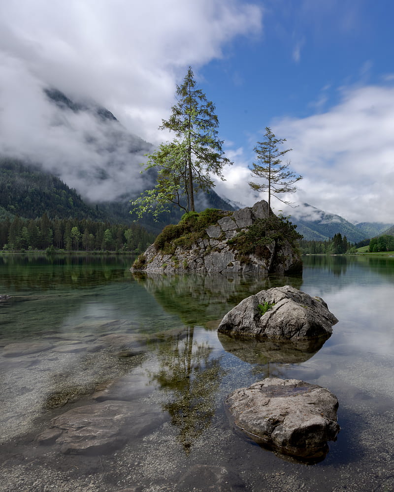 lake, mountains, tree, stones, germany, HD phone wallpaper