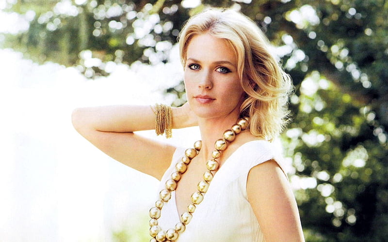 January Jones, large beaded gold necklace, blonde, trees, blue eyes, sleeveless top, HD wallpaper