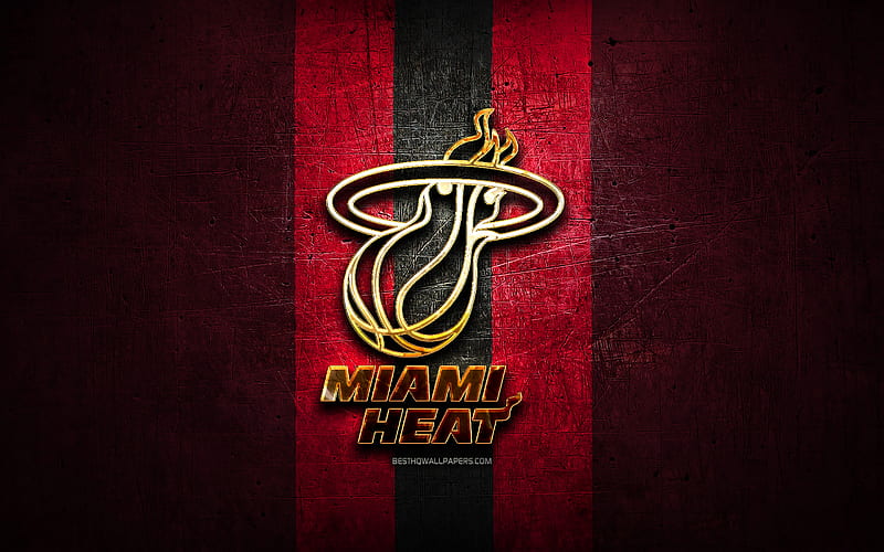 Miami Heat, golden logo, NBA, purple metal background, american basketball club, Miami Heat logo, basketball, USA, HD wallpaper