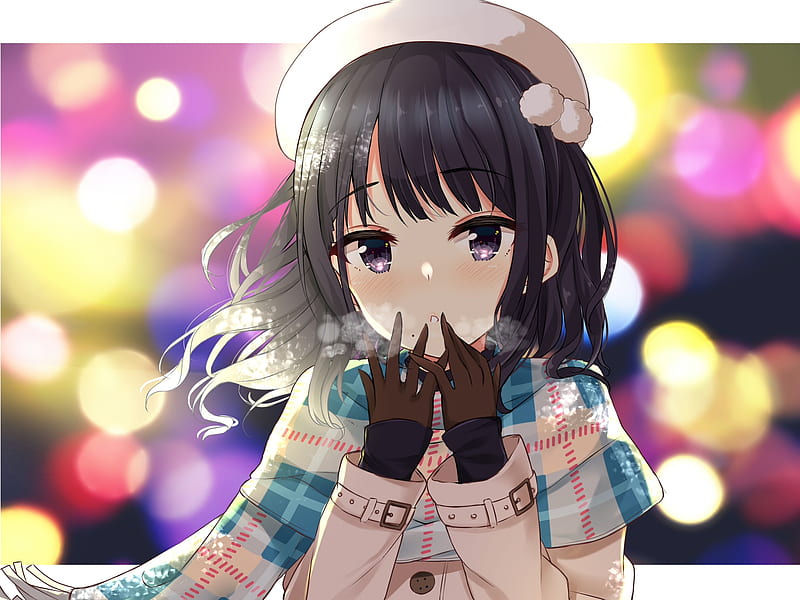 anime girl, cold, winter, scarf, bokeh, Anime, HD wallpaper