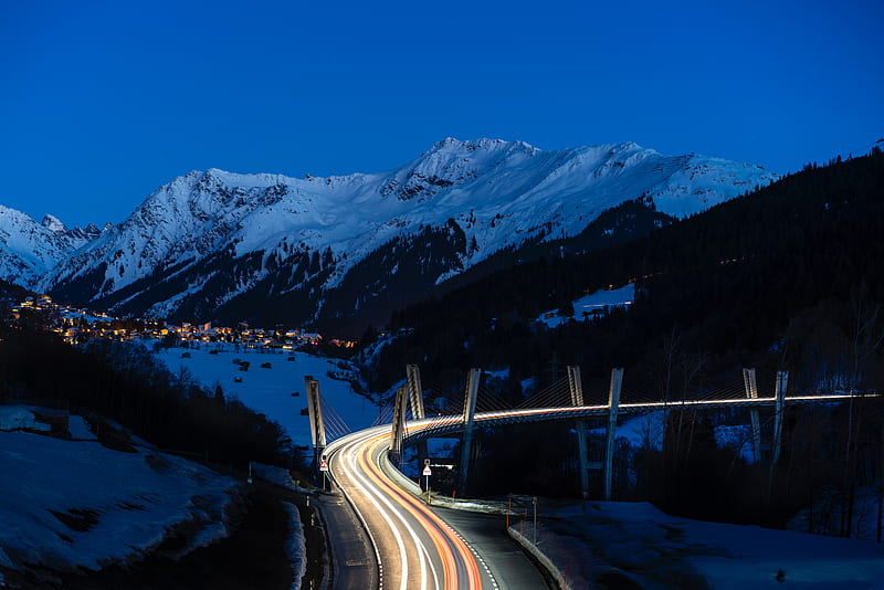 mountains, road, long exposure, night, snow, HD wallpaper