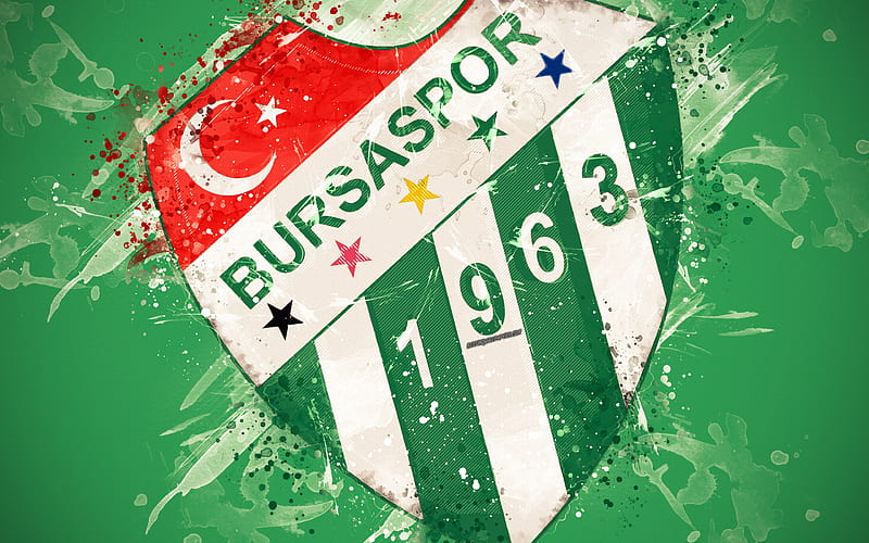 Bursaspor FC paint art, logo, creative, Turkish football team, Super Lig, emblem, green background, grunge style, Bursa, Turkey, football, HD wallpaper
