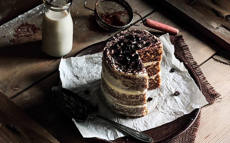 chocolate cake, sweets, breakfast, cake, HD wallpaper