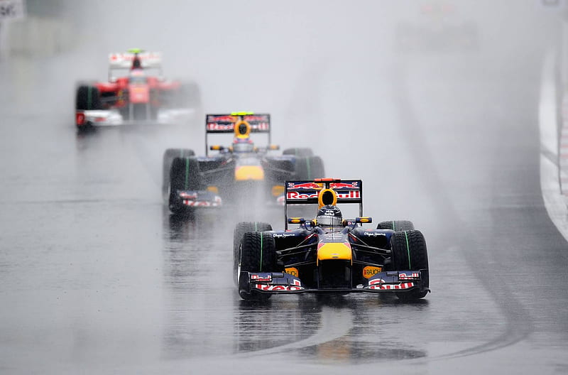 Three in a Row, red, race, wet, formula 1, grand prix, ferrari, car, rain, korean, bull, HD wallpaper