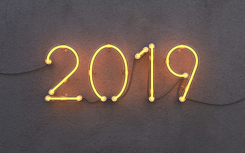 2019 year, neon lamps, light, 2019 concepts, Happy New Year, neon light, effects, HD wallpaper