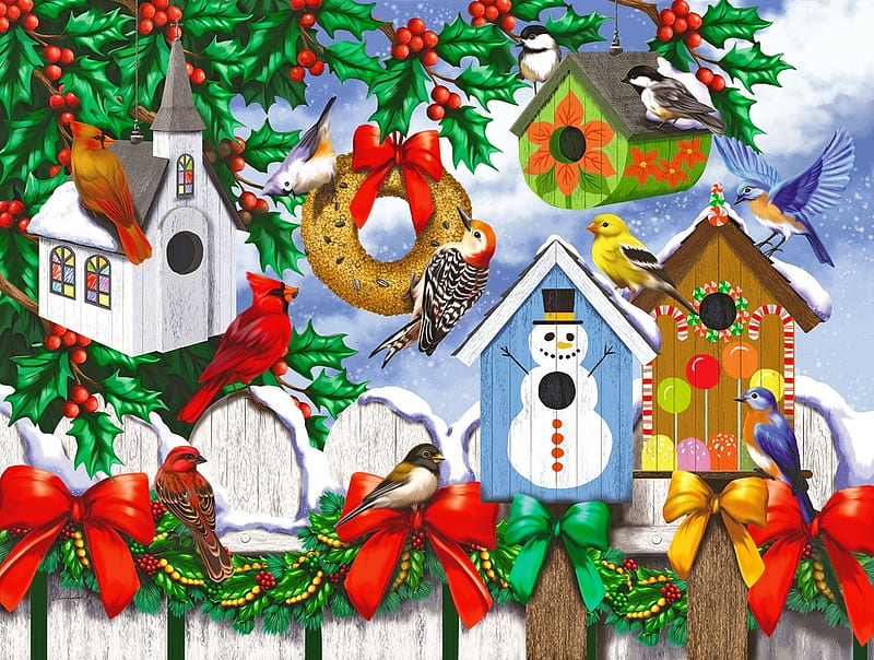 Winter backyard, birds, birdhouse, bonito, winter, backyard, christmas, holiday, cardinals, snow, gathering, HD wallpaper