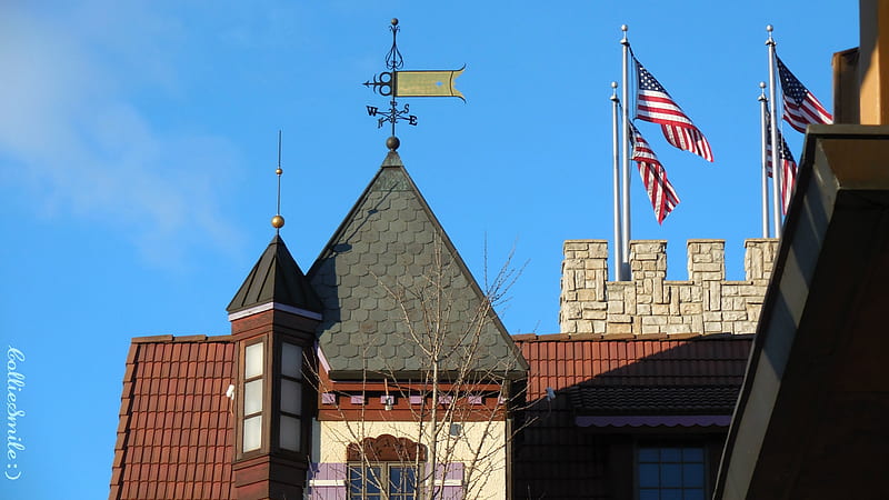 Weather Vane & Flags, Bavarian Inn, Frankenmuth, American Flags, weather vane, blue sky, HD wallpaper