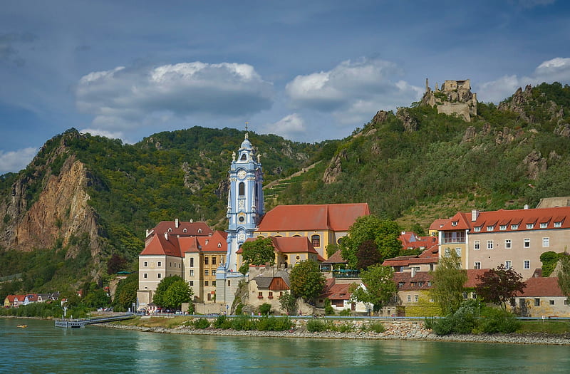 Towns, Town, Austria, Building, Danube, Dürnstein, House, Monastery, Mountain, River, Ruin, HD wallpaper