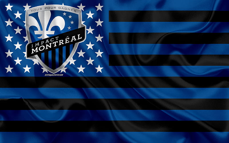 Montreal Impact, Canadian soccer club, American flag, blue black flag, MLS, Montreal, Quebec, Canada, USA, logo, emblem, Major League Soccer, silk flag, soccer, football, HD wallpaper