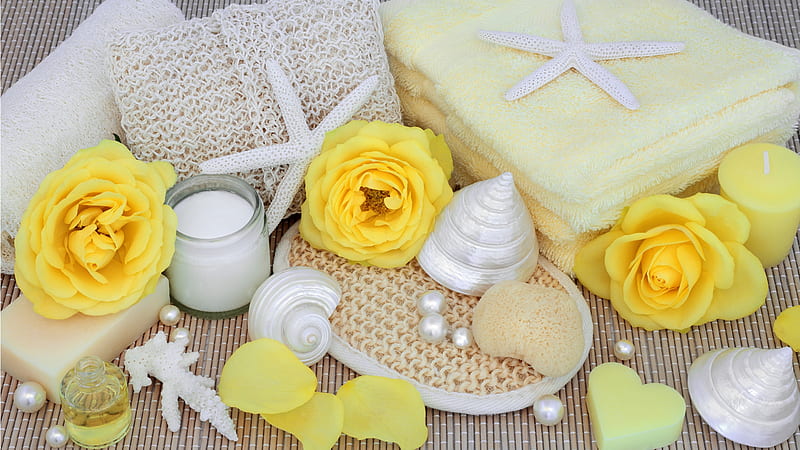 Essence of Yellow Roses, Firefox theme, health, sea shells, relax, towels, star fish, sponge, roses, tranquil, serene, spa, flowers, HD wallpaper
