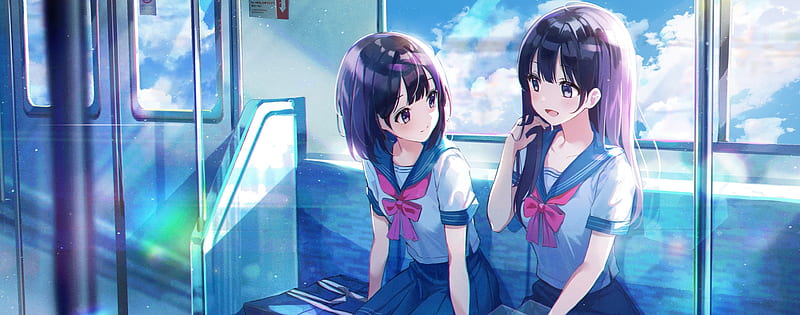 anime school girls, train trip, friendship, mood, talking, school uniform, Anime, HD wallpaper