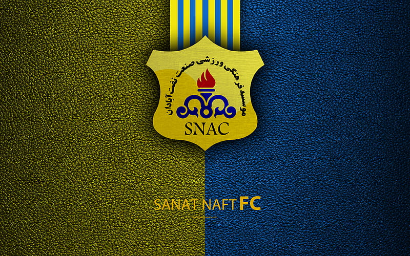 Sanat Naft Abadan FC logo, leather texture, Iranian football club, emblem, yellow blue lines, Persian Gulf Pro League, Kerej, Iran, football, HD wallpaper
