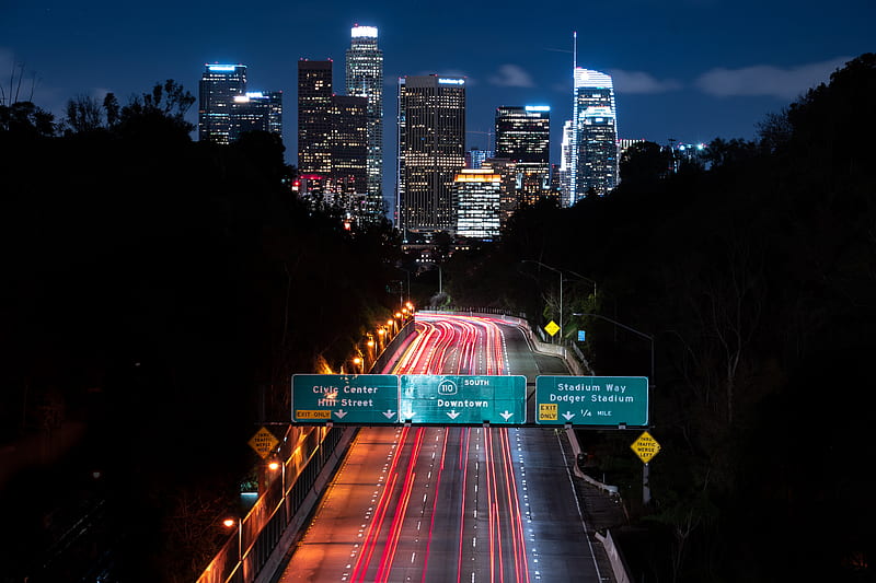 night city, long exposure, city lights, road, buildings, los angeles, california, HD wallpaper