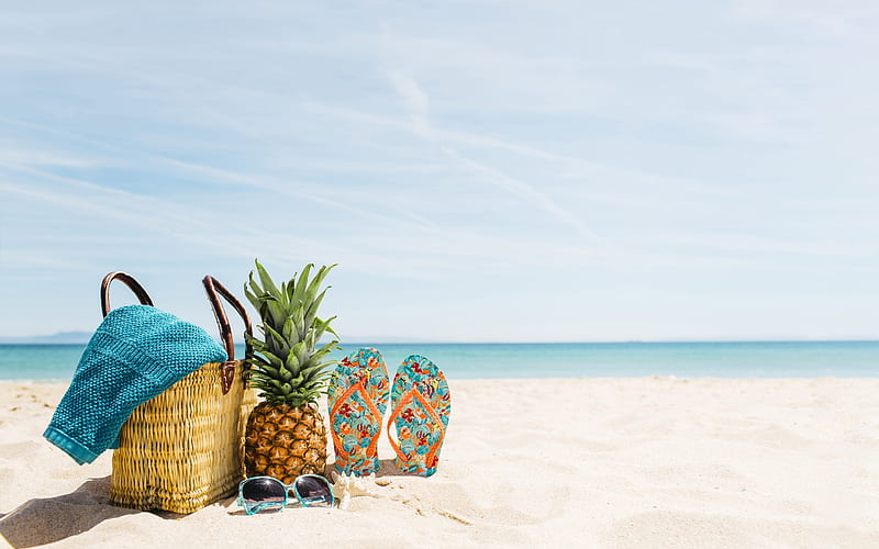 beach accessories, things, summer, rest, beach, sand, summer travel, beach shoes, pineapple, bag, glasses, HD wallpaper