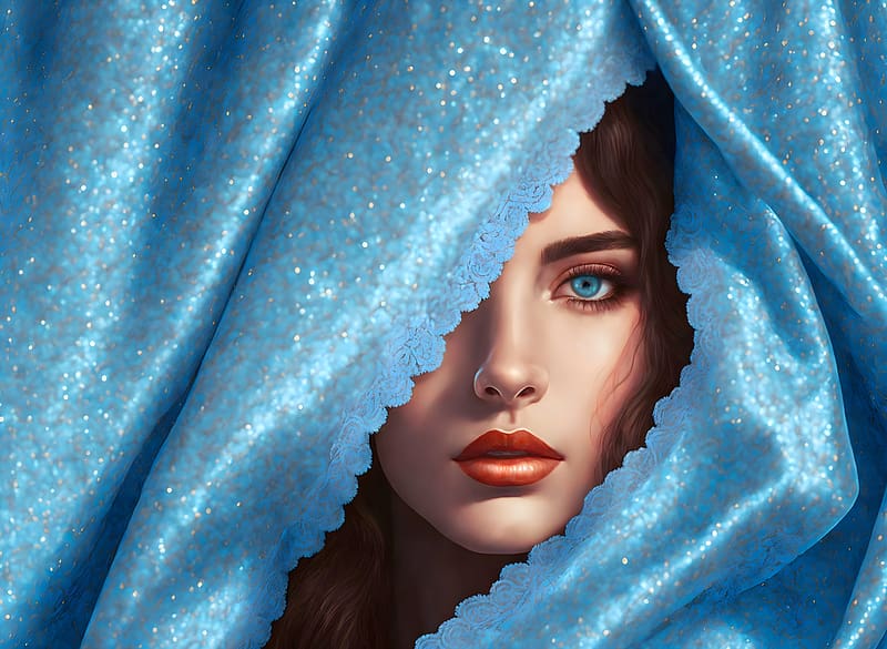 Behind the Curtain, ai, woman, blue, blue eyes, art, , girl, beautiful, curtain, silk, digital, lamamake, fantasy, face, HD wallpaper