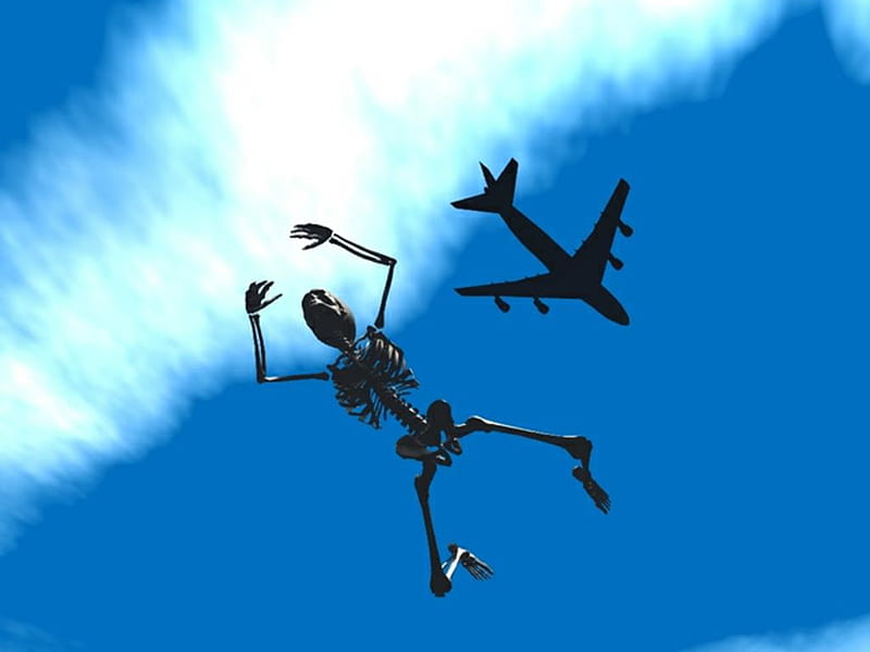 Jumper, aircraft, skeleton, fantasy, death, 3d, funny, sky, HD wallpaper