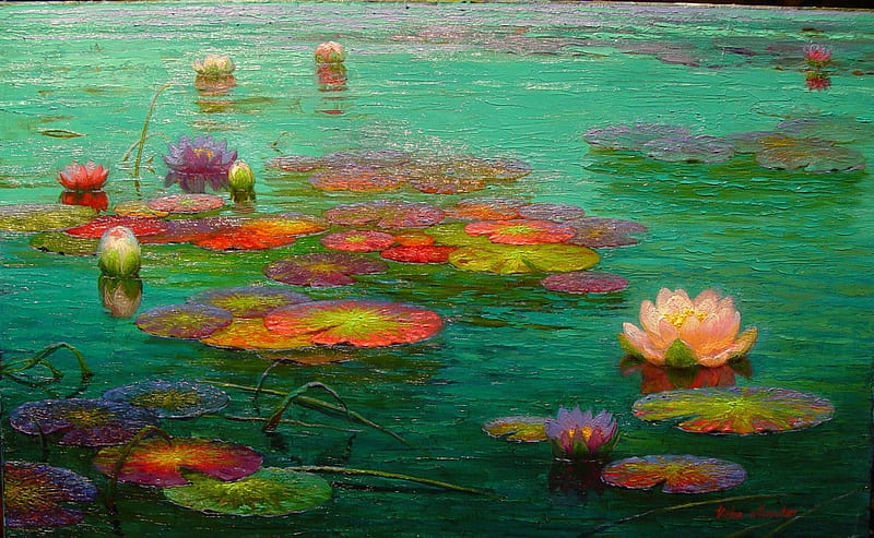 Lotuses, red, lotus, luminos, orange, lake, water, green, painting, summer, flower, pictura, victor nizovtsev, HD wallpaper