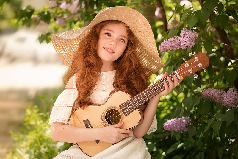 guitar, girl, mandolin, copil, child, hat, little, redhead, freckles, instrument, HD wallpaper