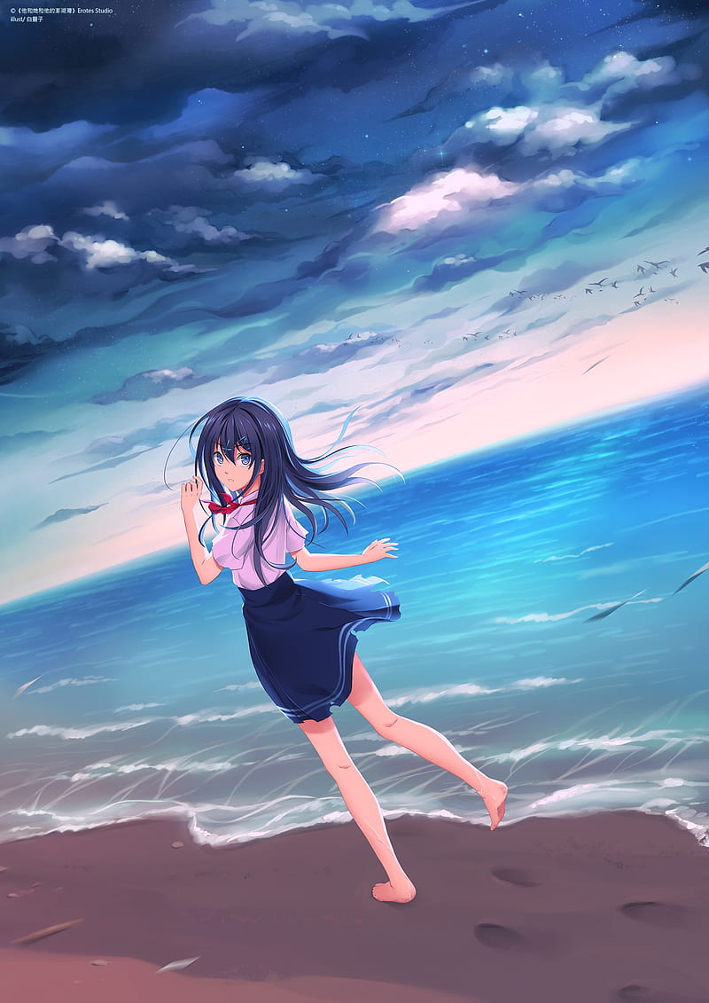 anime, anime girls, sea, beach, water, skirt, feet, legs, clouds, long hair, blue eyes, HD phone wallpaper