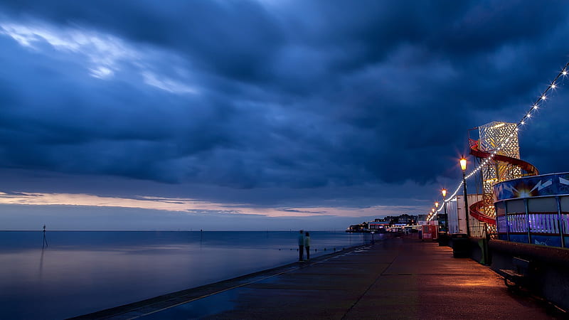 twilight on the waterfront, waterfront, twilight, clouds, stores, sea, HD wallpaper