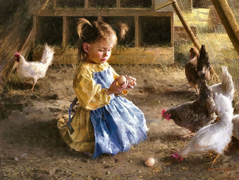 The Egg Inspector FC, art, little girl, painting, wide screen, bonito, illustration, chickens, artwork, HD wallpaper