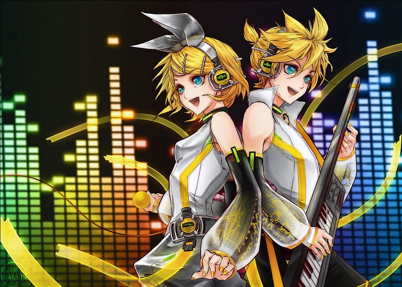Turn Up The Music, vocaloid, instrument, len and rin kagamine, anime, music, blonde, twins, blue eyes, HD wallpaper