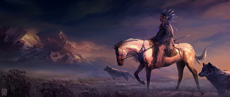 Artistic, Native American, Animal, Horse, Wolf, HD wallpaper