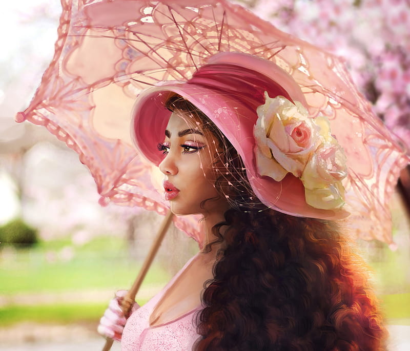 Girl with umbrella, frumusete, luminos, rose, umbrella, hat, fantasy, girl, abeer malik, flower, pink, HD wallpaper