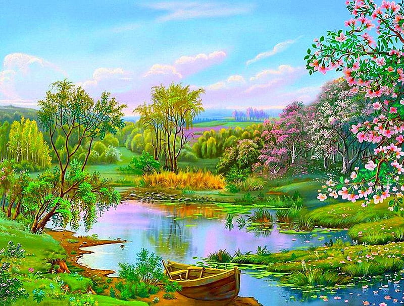 Lovely nature, idylle, colorful, lovely, bonito, lake, tree, boat, water, splendor, painting, flowers, peaceful, nature, HD wallpaper