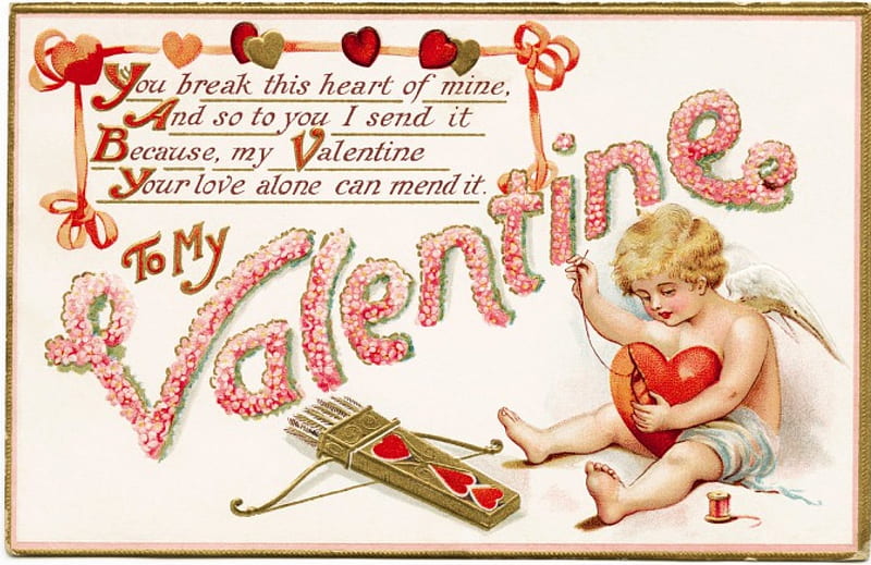 Happy Valentine's Day!, red, angel, valentine, card, arrow, cupid, heart, child, archer, white, pink, vintage, HD wallpaper