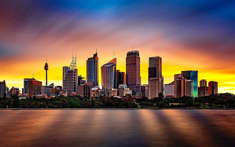 Sydney, sunset, cityscape, skyscrapers, horizon, Australia, HD wallpaper