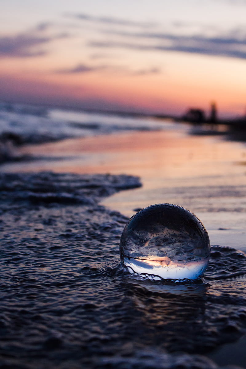 crystal ball, ball, reflection, beach, sea, sunset, HD phone wallpaper