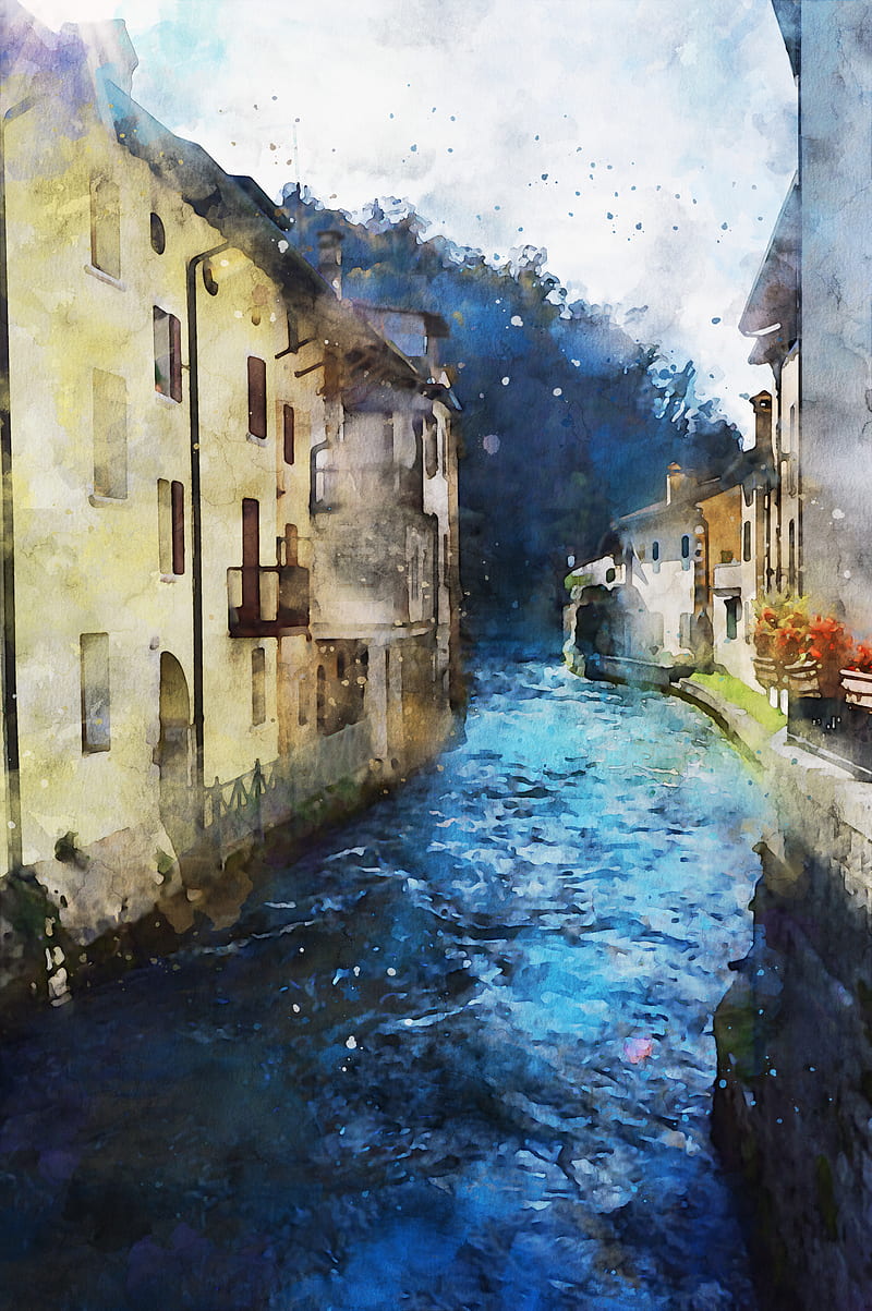 watercolor, Italy, artwork, town, house, water, HD phone wallpaper