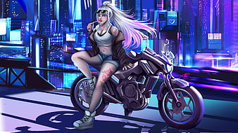 Wallpaper : ai art, cyberpunk, city, women, Biker girl 3136x1792