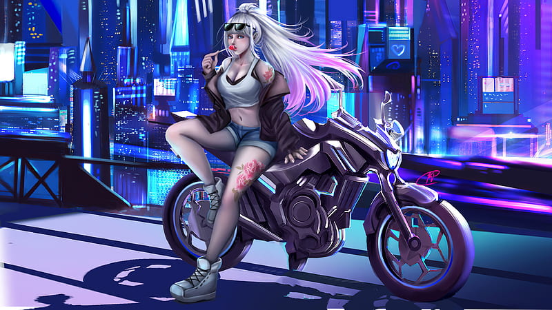 Cyberpunk Girl Bike Artworks, cyberpunk, artwork, artist, HD wallpaper