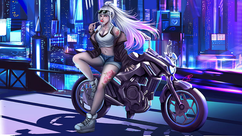 Download 1920 X 1080 Gaming Cyberpunk Woman With Motorcycle Wallpaper