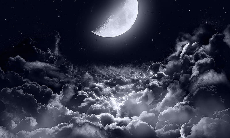 Close to the moon Vol2, moon, night sky, universe, moonlight, digital, clouds, sky, stars, black, half moon, HD wallpaper