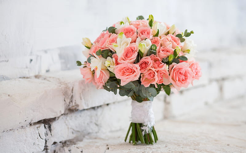 wedding bouquet, pink roses, bridal bouquet, roses, white bricks, wedding concepts, HD wallpaper
