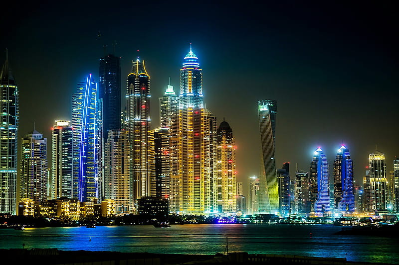 skyscrapers, megapolis, lights, night, arab emirates, city, HD wallpaper
