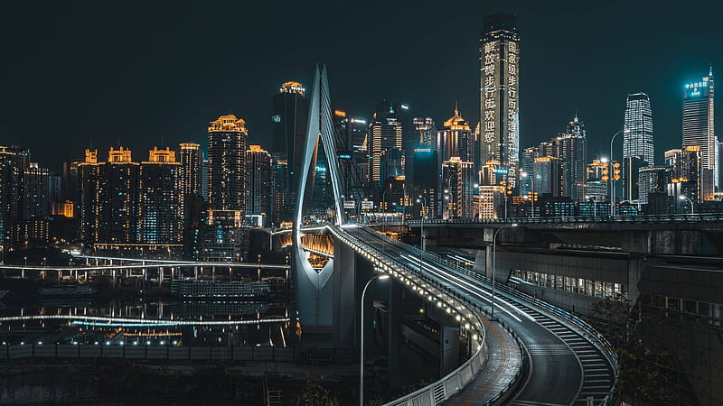 Bridge Building China Chongqing City Night Skyscraper Travel, HD wallpaper